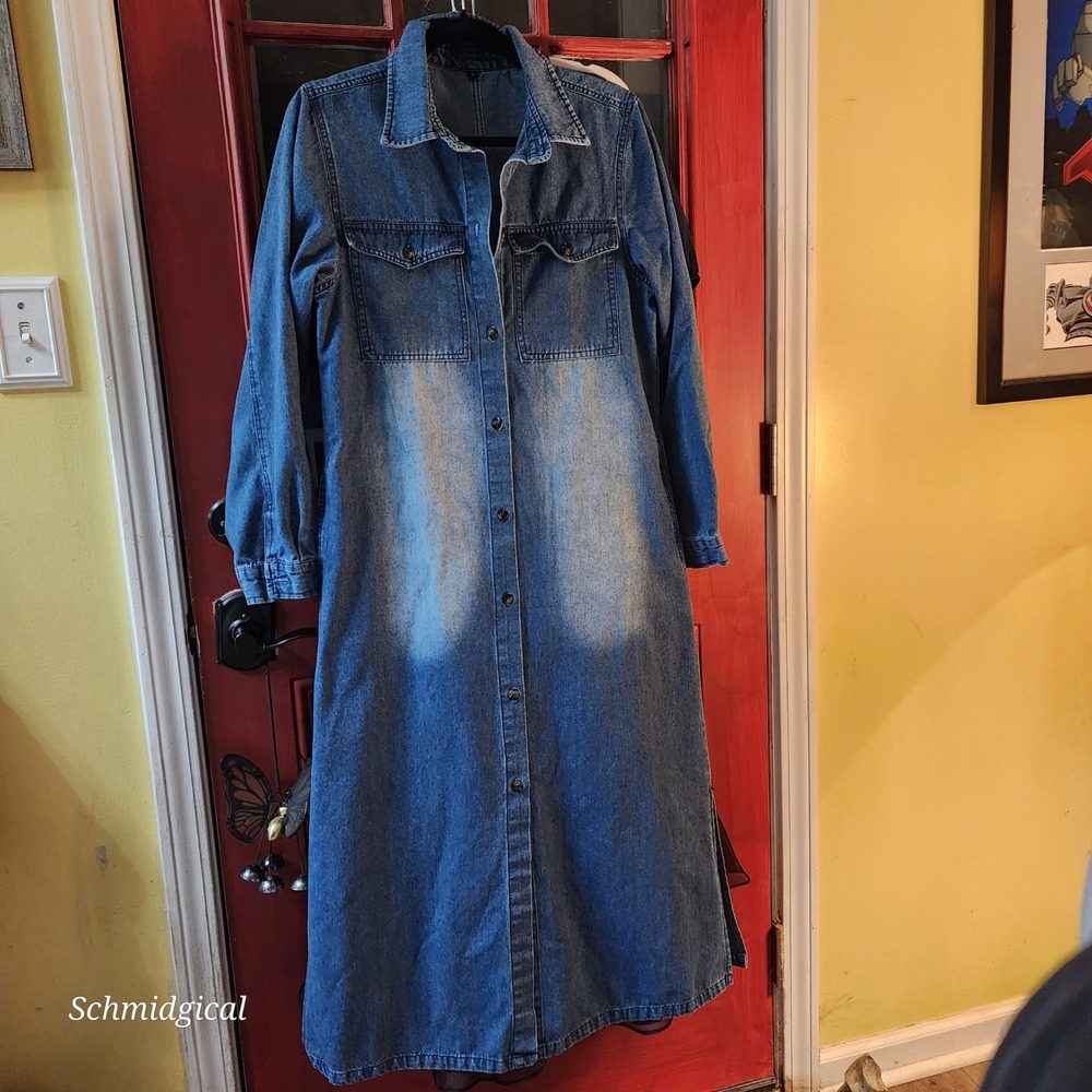Womens Long Sleeve Heavy Denim Maxi Shirt Dress Medium Wash Button Front Size S